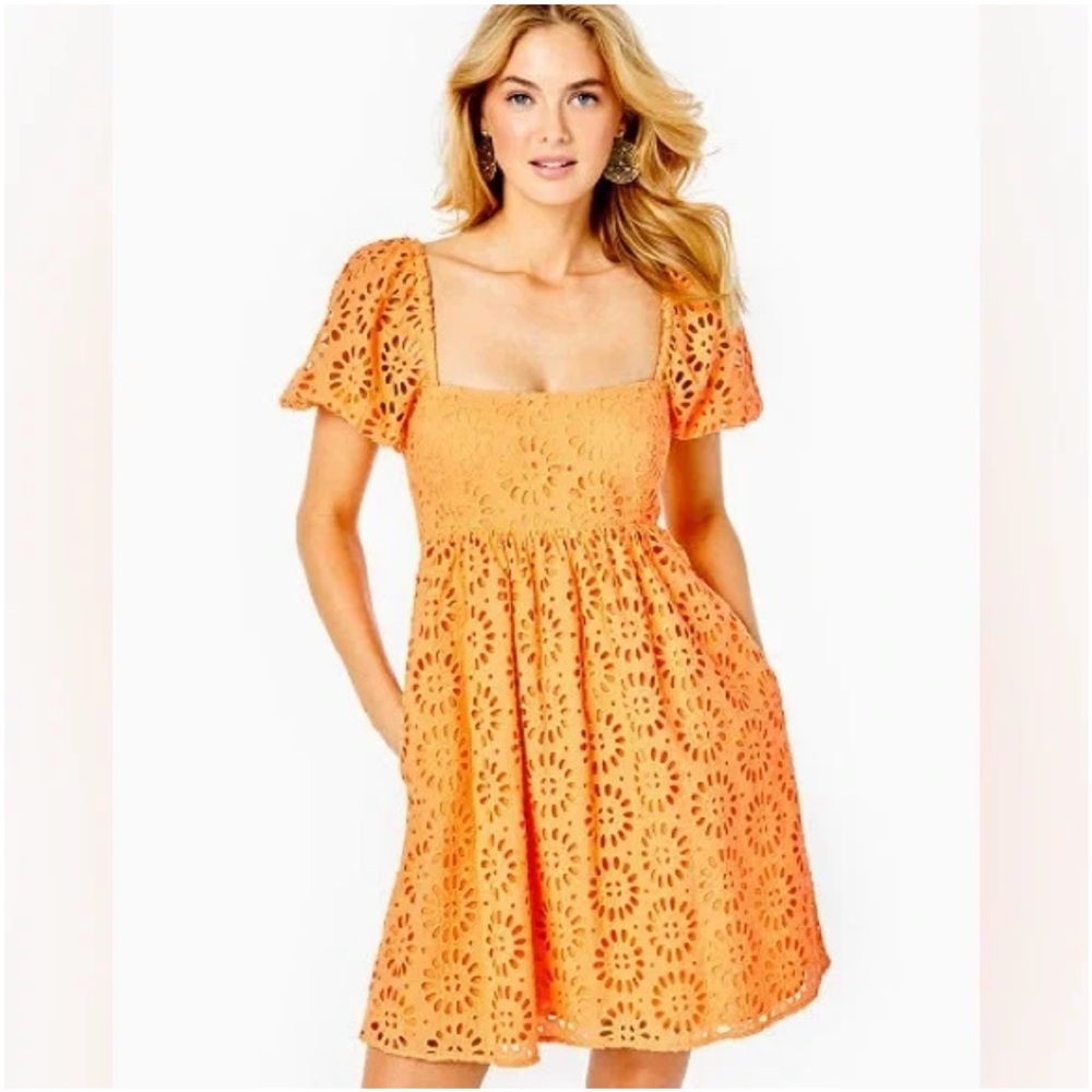 Women’s Orange Eyelet Square-Neck Dress